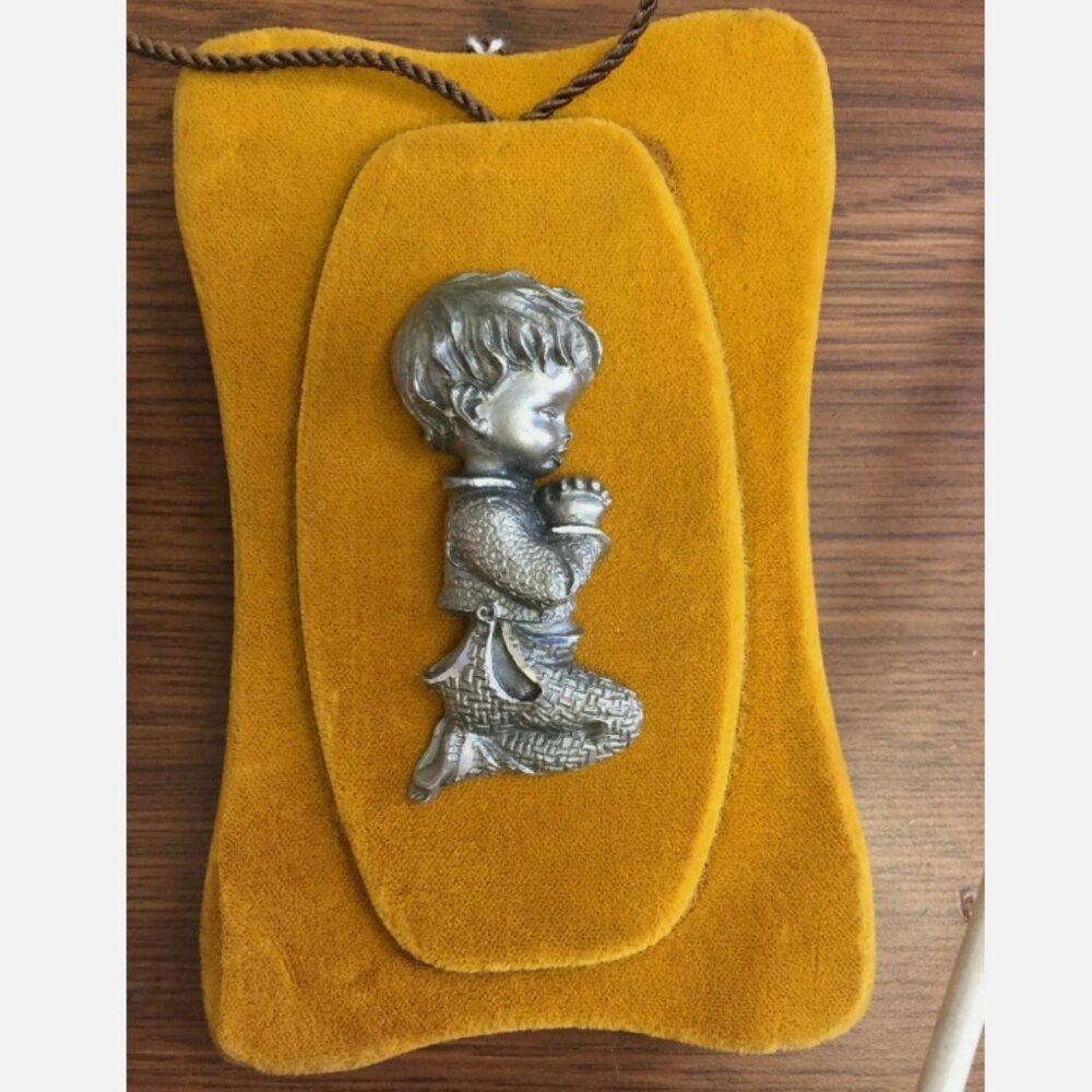 Vintage Plaque Italian Pewter Boy Praying Velvet Background Hang or Stand